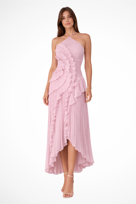 Women's Halter Maxi Dress Ruffled Layered Chiffon Open Back White Summer 0