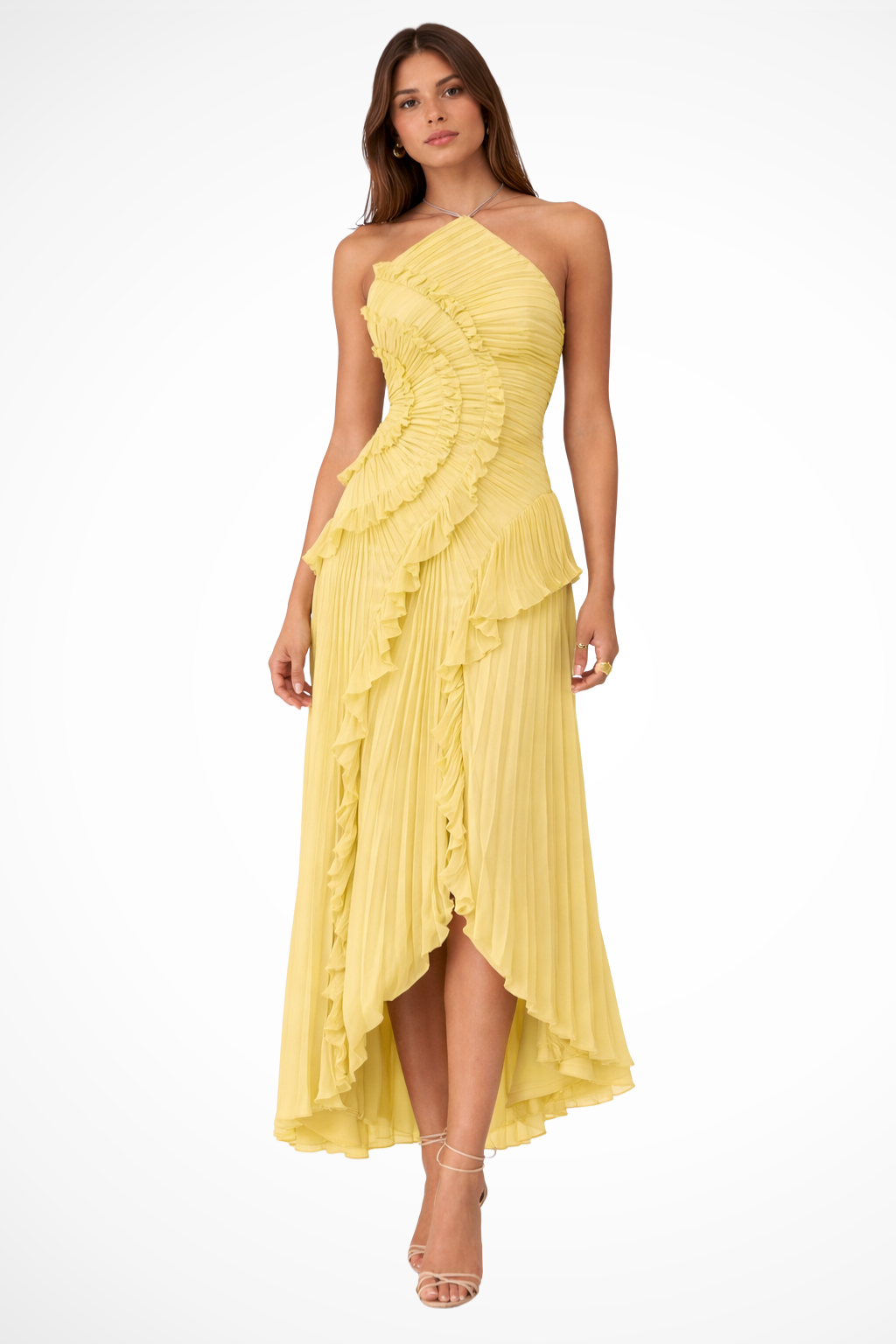 Women's Halter Maxi Dress Ruffled Layered Chiffon Open Back White Summer 1