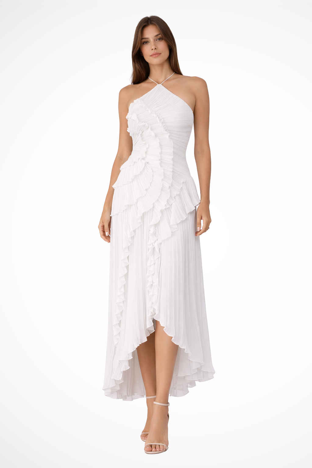 Women's Halter Maxi Dress Ruffled Layered Chiffon Open Back White Summer 2