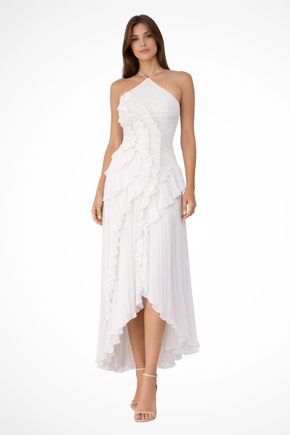 Women's Halter Maxi Dress Ruffled Layered Chiffon Open Back White Summer 2