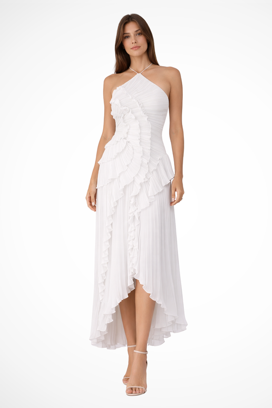 Women's Halter Maxi Dress Ruffled Layered Chiffon Open Back White Summer 2