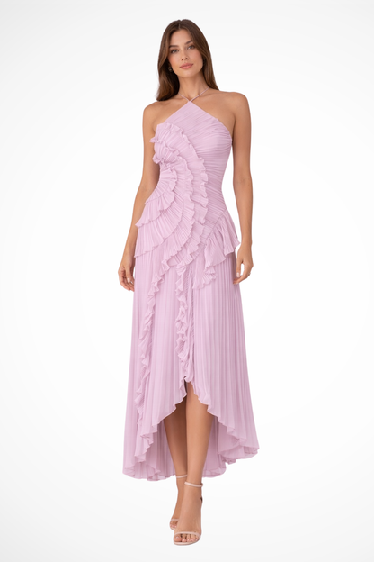 Women's Halter Maxi Dress Ruffled Layered Chiffon Open Back White Summer 3