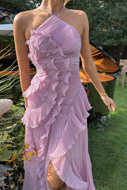 Women's Halter Maxi Dress Ruffled Layered Chiffon Open Back White Summer 5