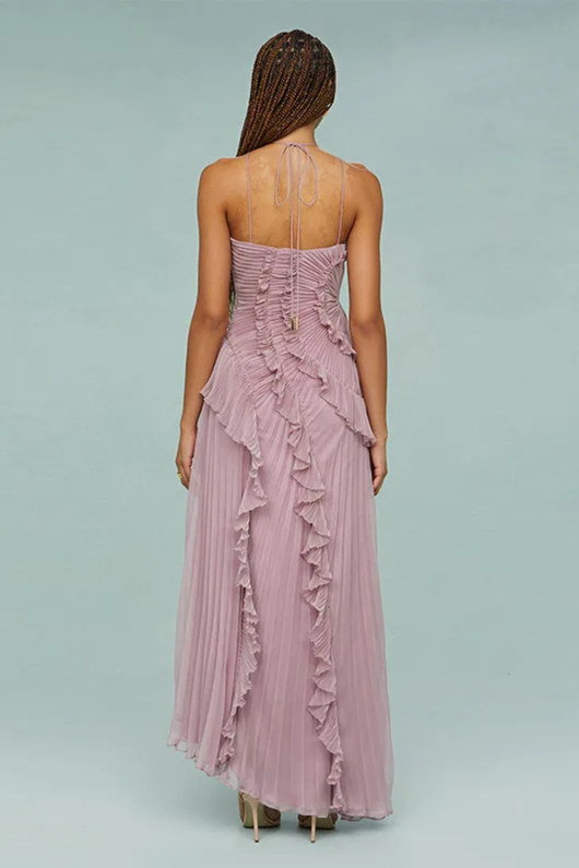 Women's Halter Maxi Dress Ruffled Layered Chiffon Open Back White Summer 8
