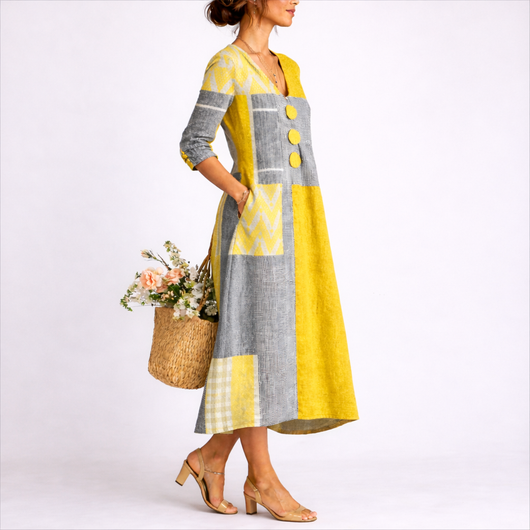 Women's Linen Midi Dress Relaxed Fit Wrap Beige Summer Casual 1