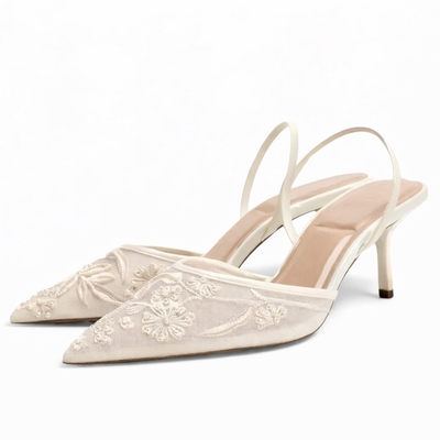 Women's Mesh Mule Heels Elegant Floral Embroidery Slip On White Black 1