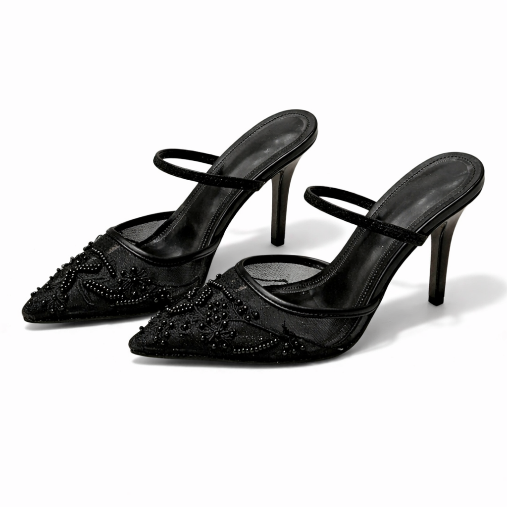 Women's Mesh Mule Heels Elegant Floral Embroidery Slip On White Black 4