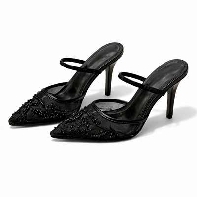 Women's Mesh Mule Heels Elegant Floral Embroidery Slip On White Black 4