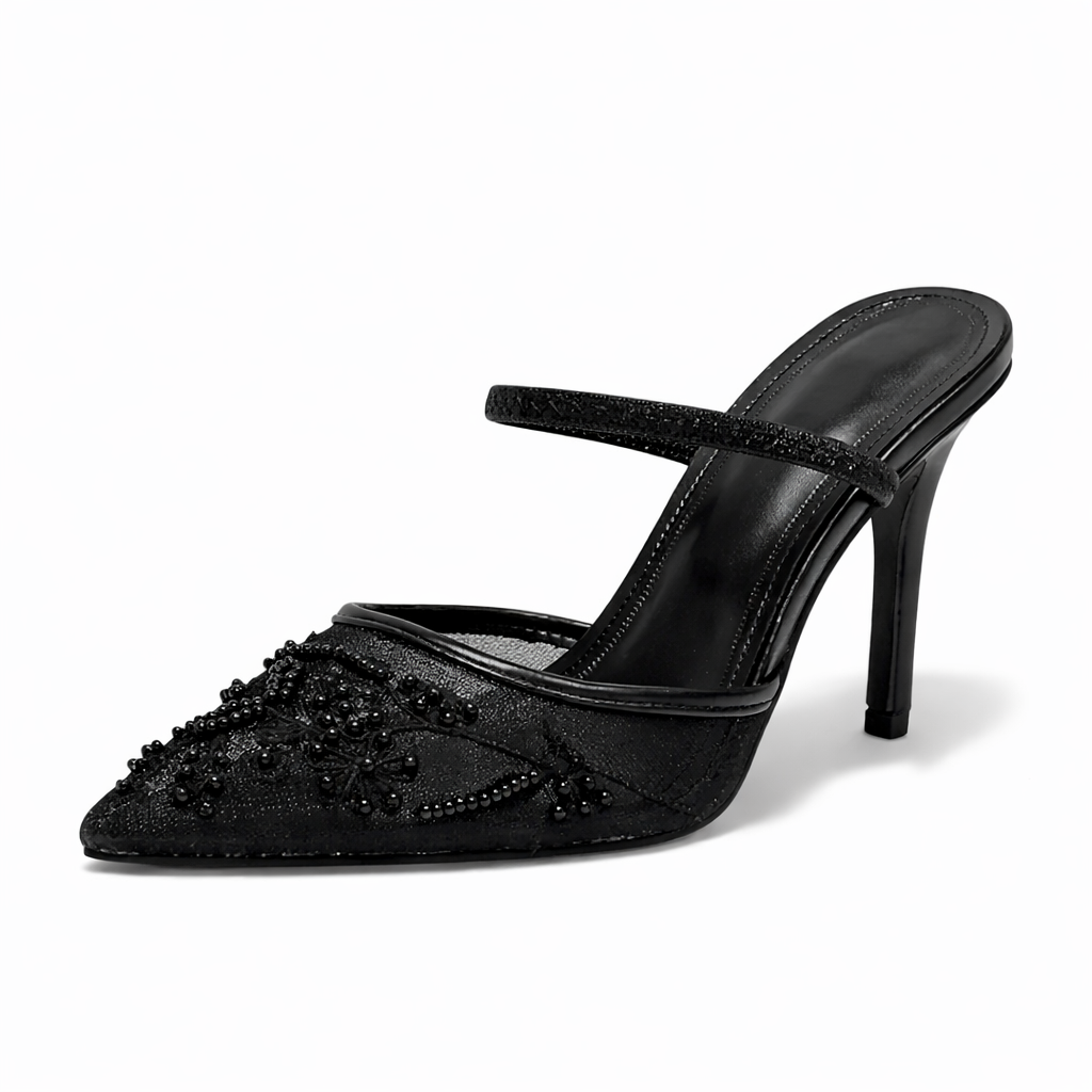 Women's Mesh Mule Heels Elegant Floral Embroidery Slip On White Black 5
