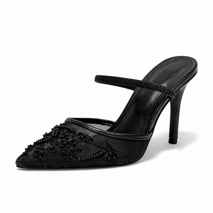 Women's Mesh Mule Heels Elegant Floral Embroidery Slip On White Black 5