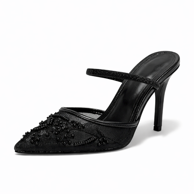 Women's Mesh Mule Heels Elegant Floral Embroidery Slip On White Black 5