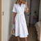 Women's Midi Dress Short Sleeve Cotton Blend Casual Blue Summer