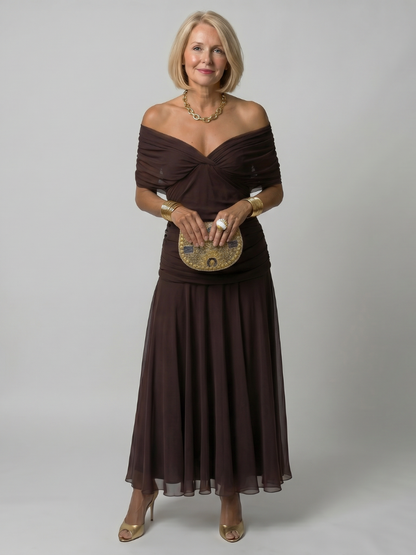 Women's Off Shoulder Midi Dress Lightweight Draped Neckline Casual Summer 11