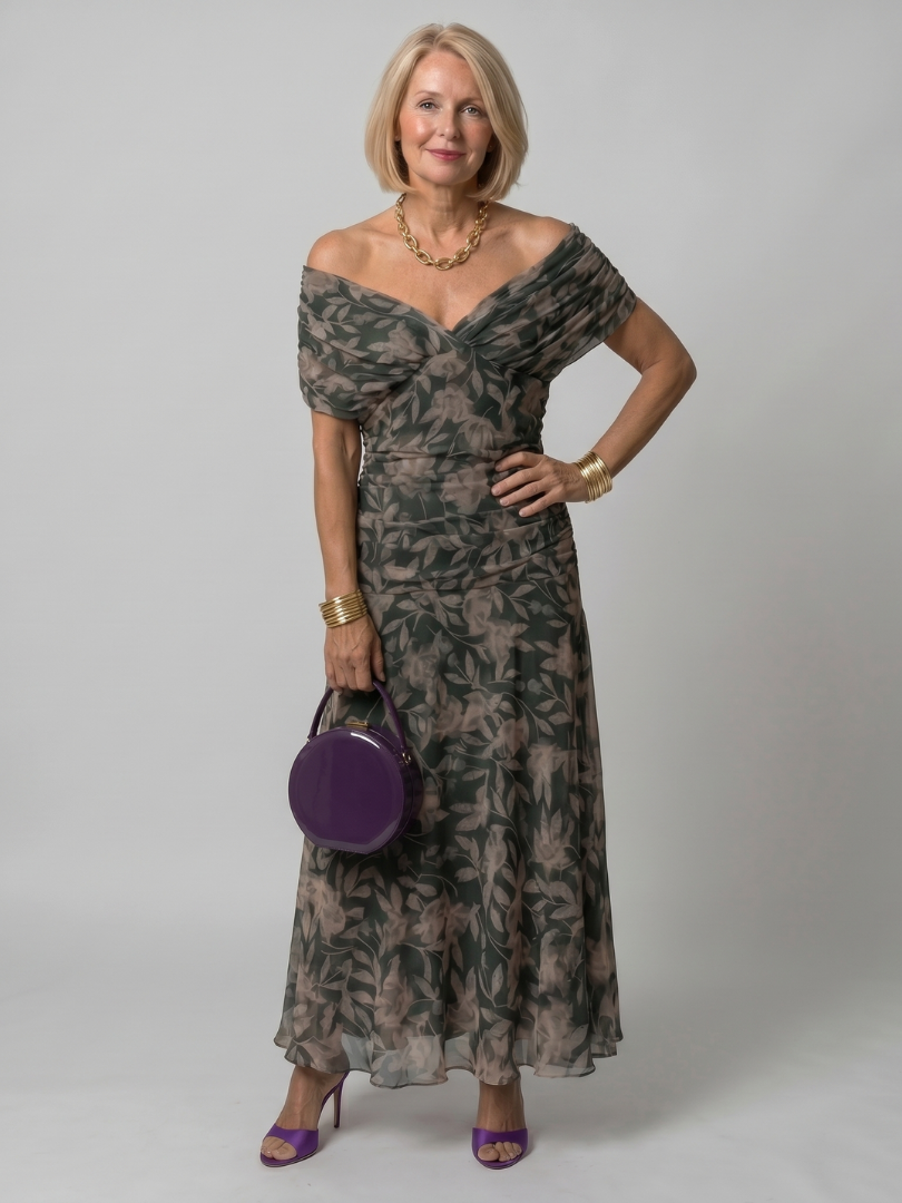 Women's Off Shoulder Midi Dress Lightweight Draped Neckline Casual Summer 6