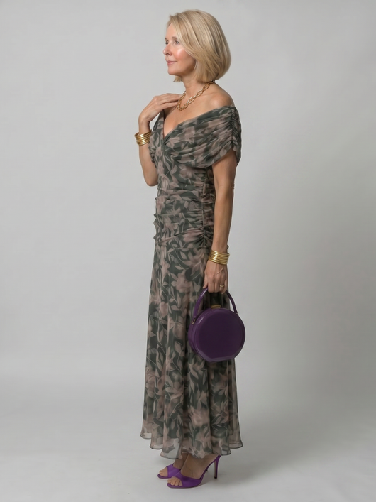 Women's Off Shoulder Midi Dress Lightweight Draped Neckline Casual Summer 7
