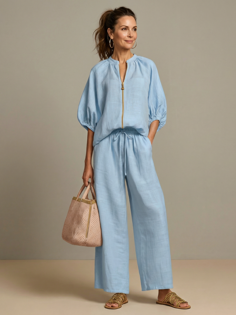Women's Relaxed Fit Blouson Top Wide Leg Trousers Cotton Linen Outfit 0
