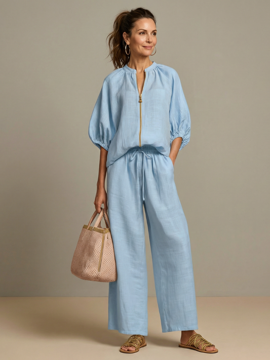 Women's Relaxed Fit Blouson Top Wide Leg Trousers Cotton Linen Outfit 0