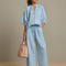Women's Relaxed Fit Blouson Top Wide Leg Trousers Cotton Linen Outfit