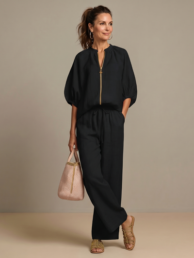 Women's Relaxed Fit Blouson Top Wide Leg Trousers Cotton Linen Outfit 10