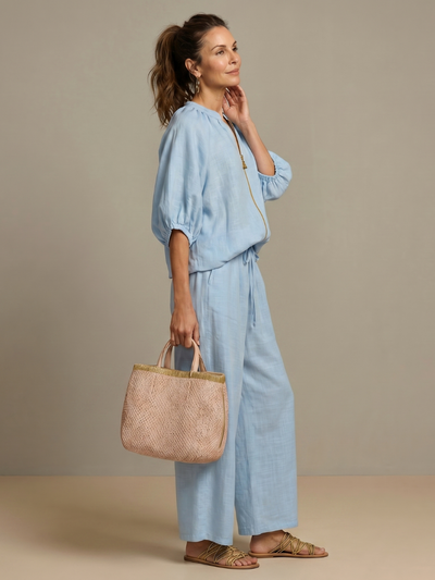 Women's Relaxed Fit Blouson Top Wide Leg Trousers Cotton Linen Outfit 1