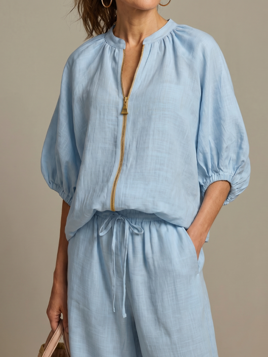 Women's Relaxed Fit Blouson Top Wide Leg Trousers Cotton Linen Outfit 2