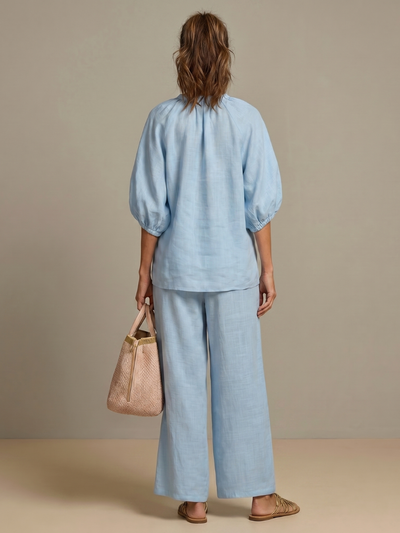 Women's Relaxed Fit Blouson Top Wide Leg Trousers Cotton Linen Outfit 3