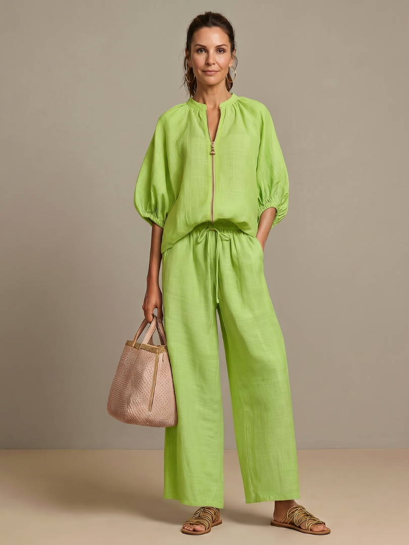 Women's Relaxed Fit Blouson Top Wide Leg Trousers Cotton Linen Outfit 6