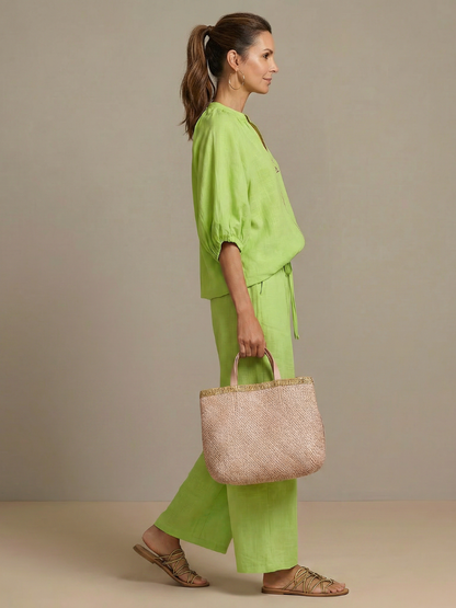 Women's Relaxed Fit Blouson Top Wide Leg Trousers Cotton Linen Outfit 7