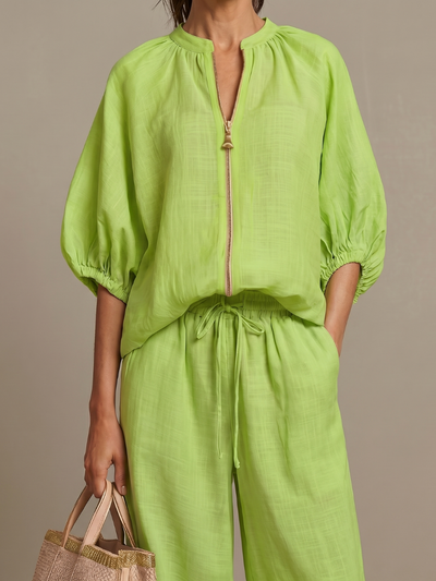 Women's Relaxed Fit Blouson Top Wide Leg Trousers Cotton Linen Outfit 8
