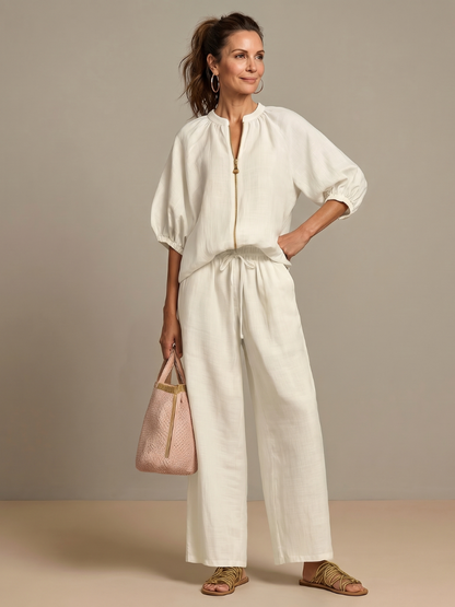 Women's Relaxed Fit Blouson Top Wide Leg Trousers Cotton Linen Outfit 9