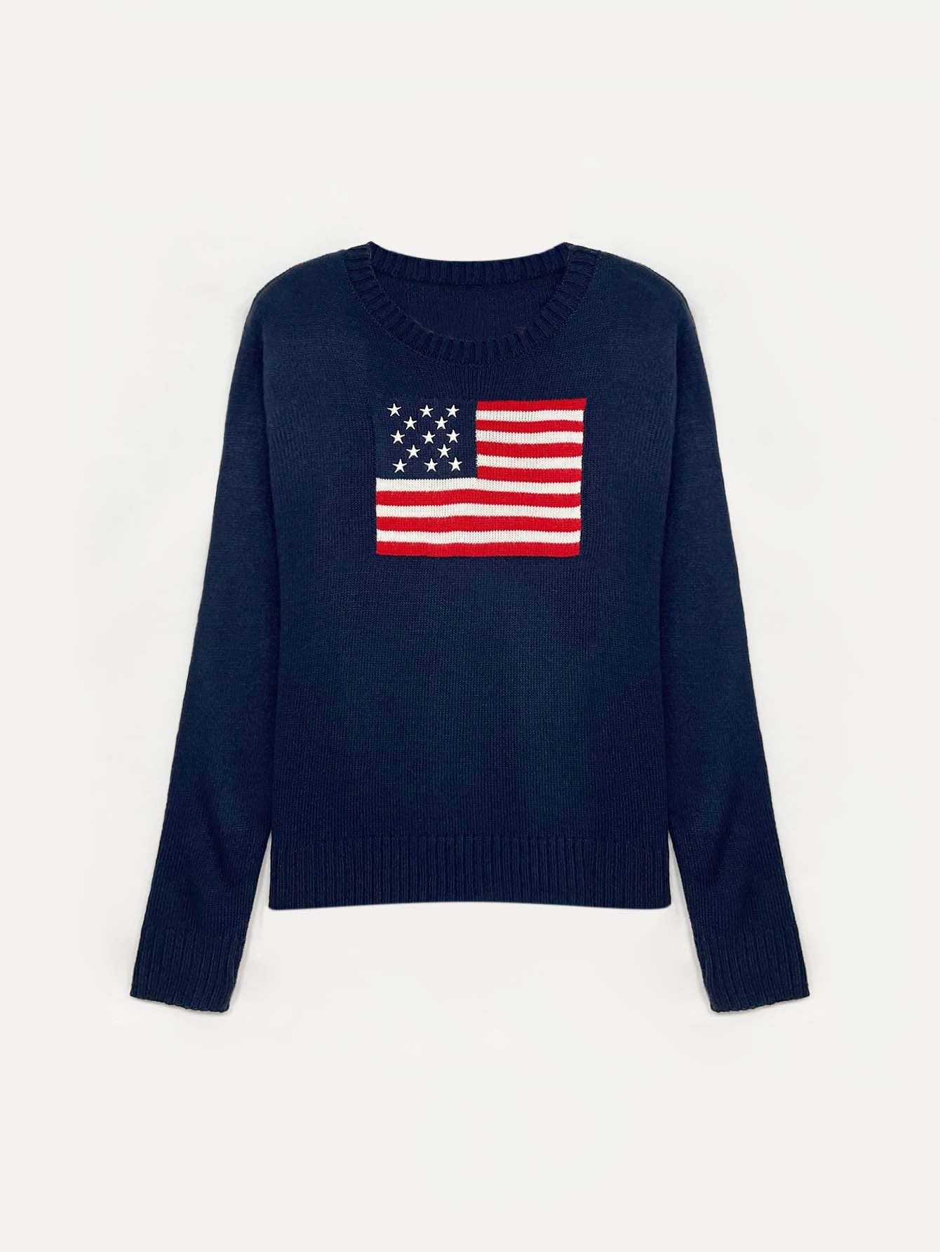 Women's Slim Fit Knit Sweater American Flag Motif Cotton Casual 0