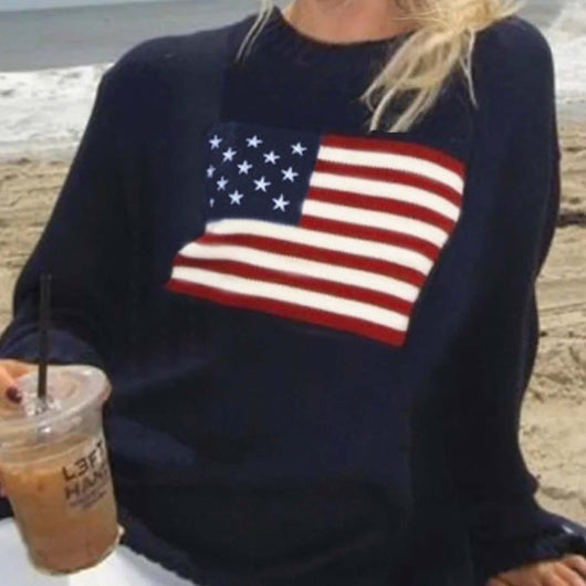Women's Slim Fit Knit Sweater American Flag Motif Cotton Casual 1