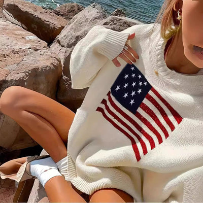 Women's Slim Fit Knit Sweater American Flag Motif Cotton Casual 2