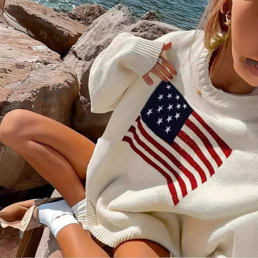 Women's Slim Fit Knit Sweater American Flag Motif Cotton Casual 2
