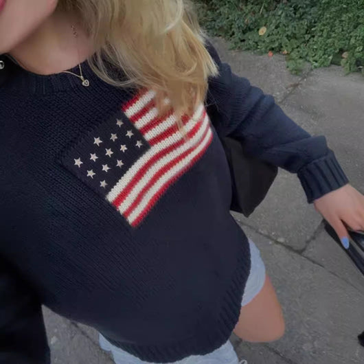 Women's Slim Fit Knit Sweater American Flag Motif Cotton Casual 3