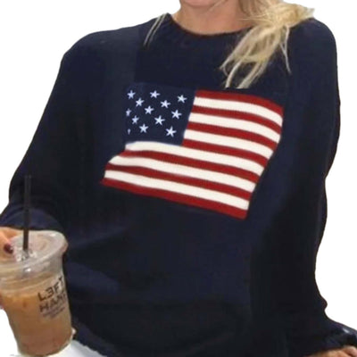 Women's Slim Fit Knit Sweater American Flag Motif Cotton Casual 5