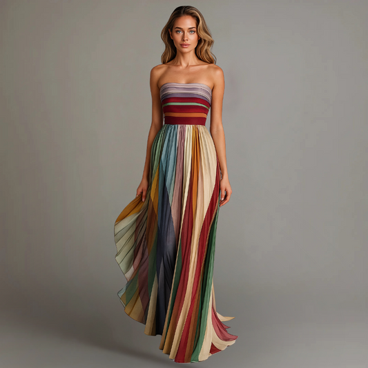 Women's Strapless Pleated Maxi Dress Lightweight Chiffon Purple Summer 0