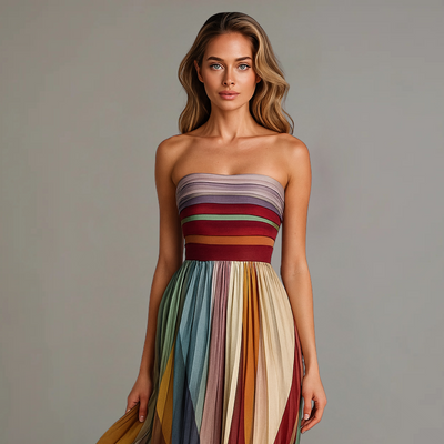 Women's Strapless Pleated Maxi Dress Lightweight Chiffon Purple Summer 1