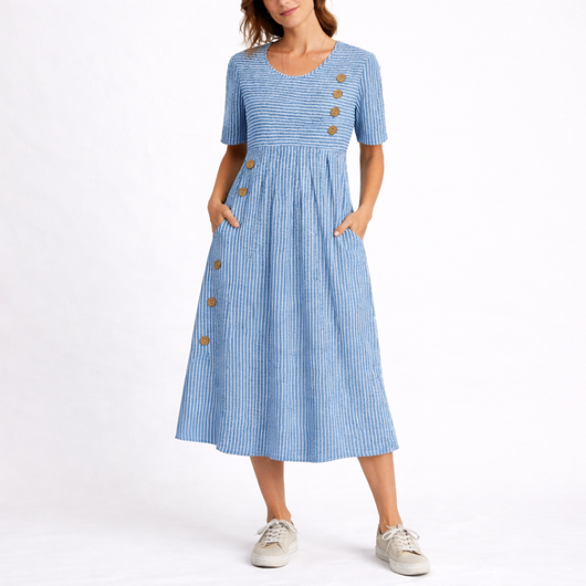 Women's Striped Midi Dress Lightweight Relaxed Fit Casual Summer 0
