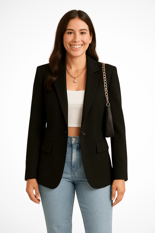Women's Tailored Black Blazer Structured Woven Fabric Elegant Office Wear 0