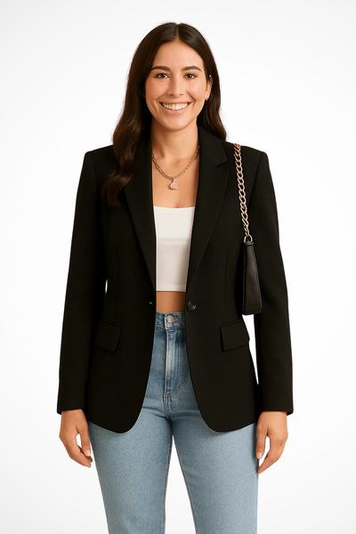 Women's Tailored Black Blazer Structured Woven Fabric Elegant Office Wear 0