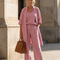 Women's Three Piece Loungewear Set Relaxed Top Wide Leg Pants Lightweight Beige