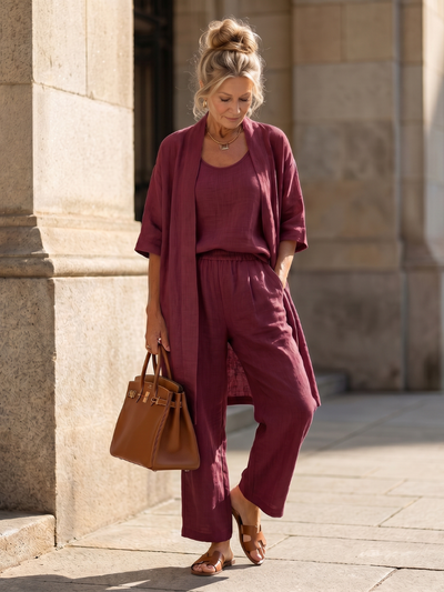 Women's Three Piece Loungewear Set Relaxed Top Wide Leg Pants Lightweight Beige 10