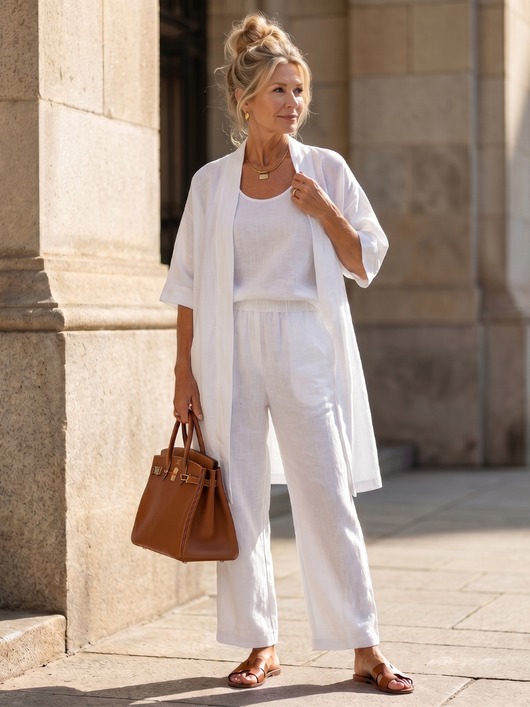 Women's Three Piece Loungewear Set Relaxed Top Wide Leg Pants Lightweight Beige 9