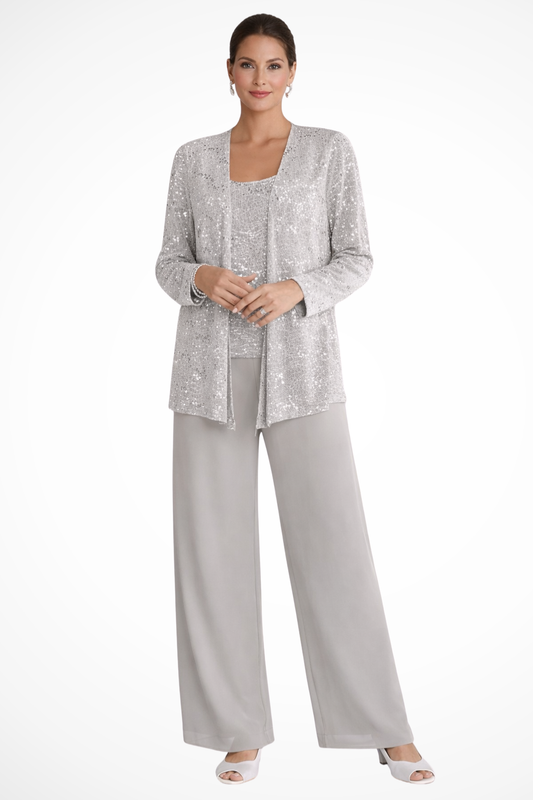 Women's Three Piece Suit Sequin Lace Jacket Wide Leg Trousers Elegant Formal Outfit 0