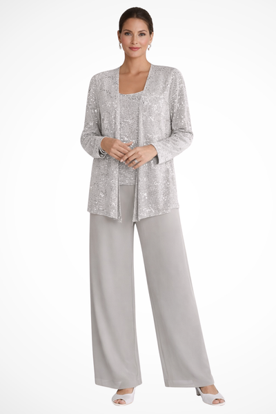 Women's Three Piece Suit Sequin Lace Jacket Wide Leg Trousers Elegant Formal Outfit 0