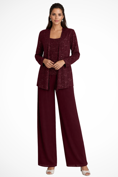 Women's Three Piece Suit Sequin Lace Jacket Wide Leg Trousers Elegant Formal Outfit 10