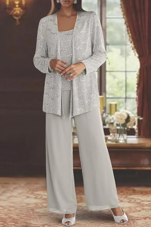 Women's Three Piece Suit Sequin Lace Jacket Wide Leg Trousers Elegant Formal Outfit 1