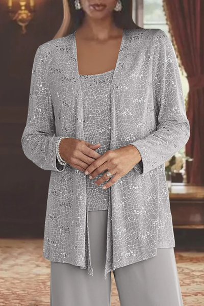 Women's Three Piece Suit Sequin Lace Jacket Wide Leg Trousers Elegant Formal Outfit 2