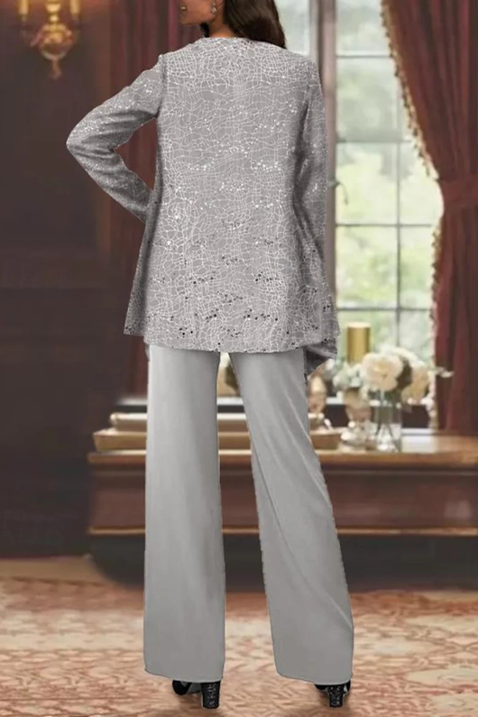 Women's Three Piece Suit Sequin Lace Jacket Wide Leg Trousers Elegant Formal Outfit 3